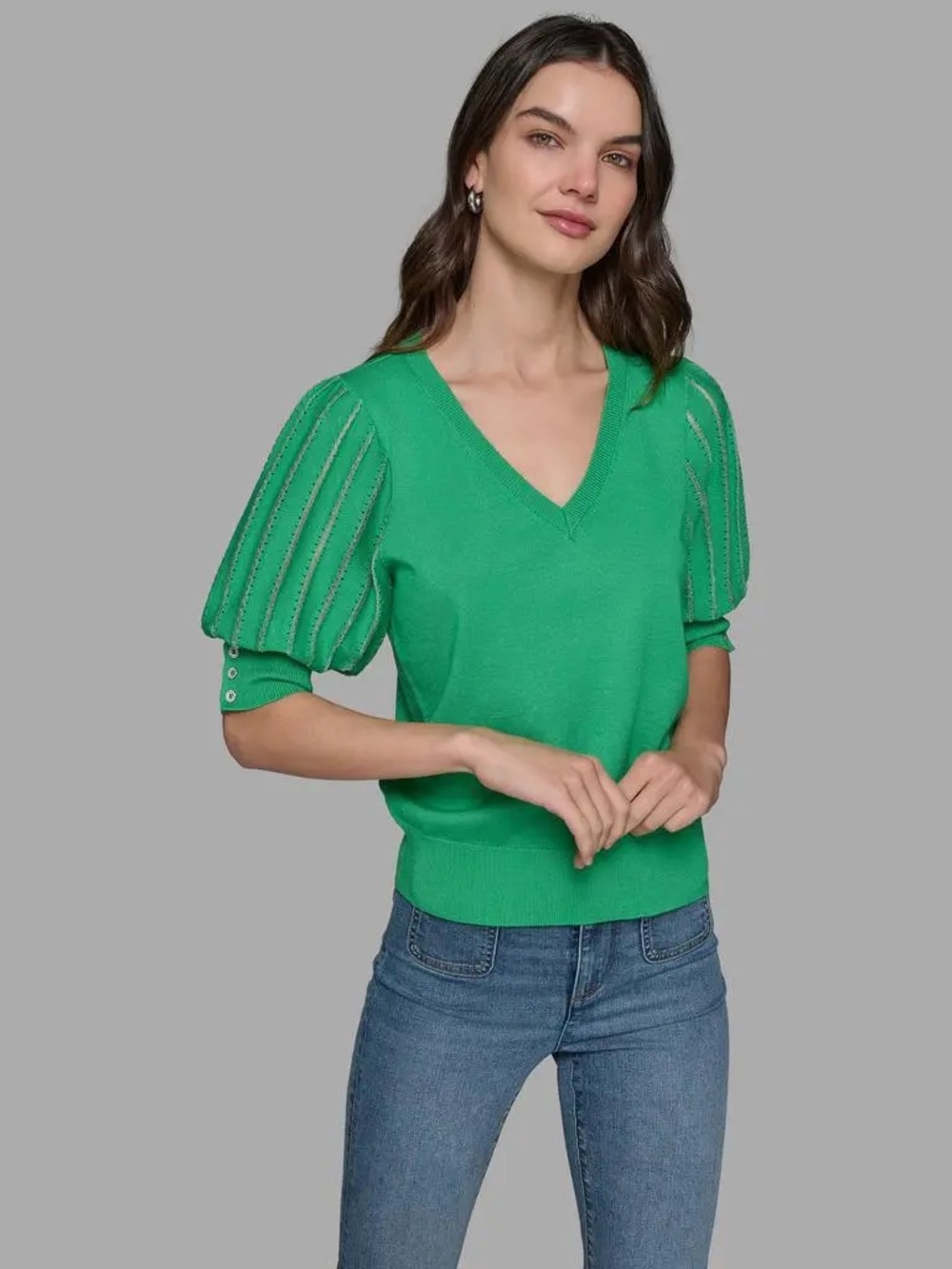 Karl Lagerfeld Bright Green V-Neck Puff Sleeve Sweater